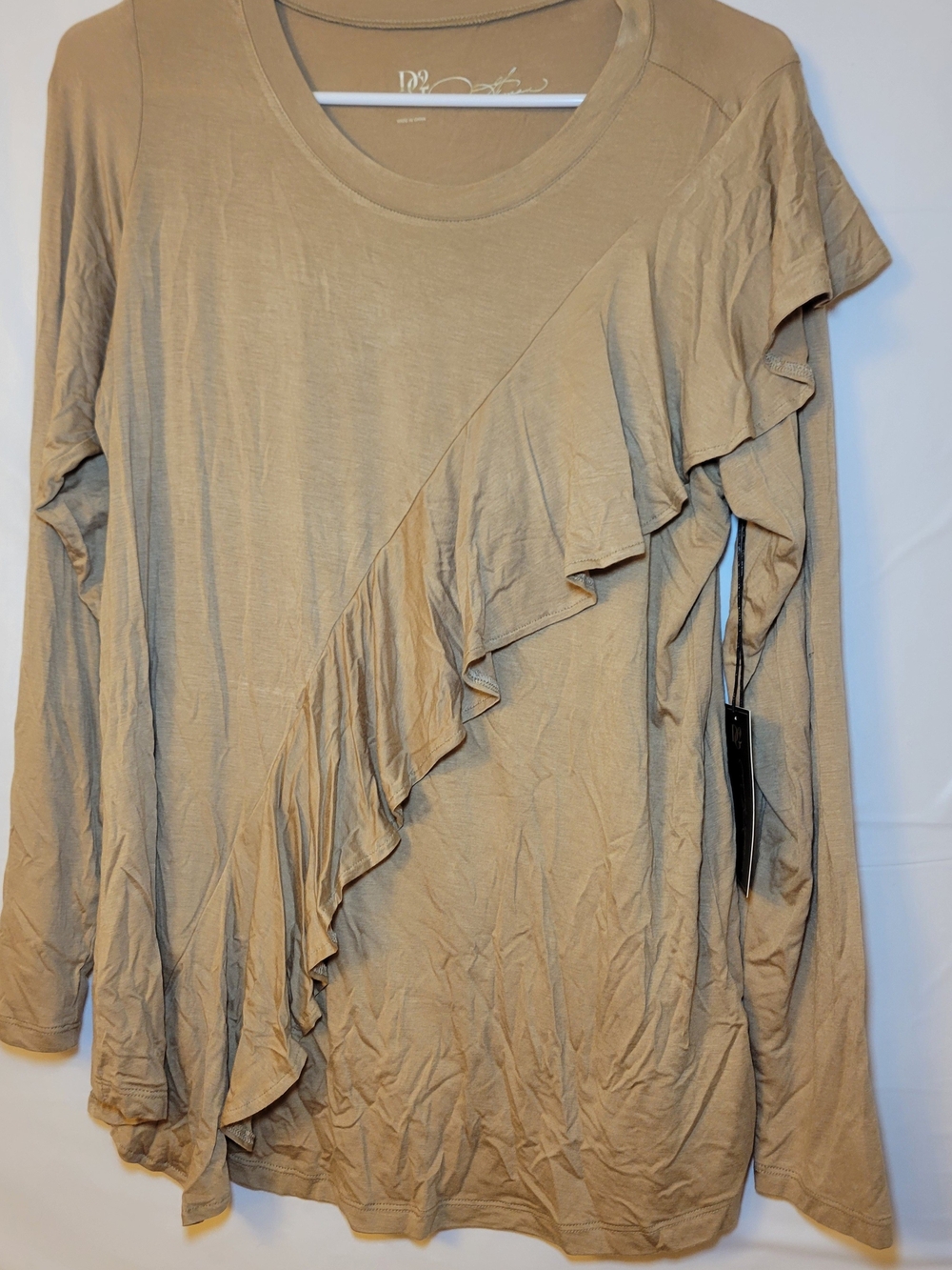DG2 by Diane Gilman Beige Ruffle Front Long Sleeve Top